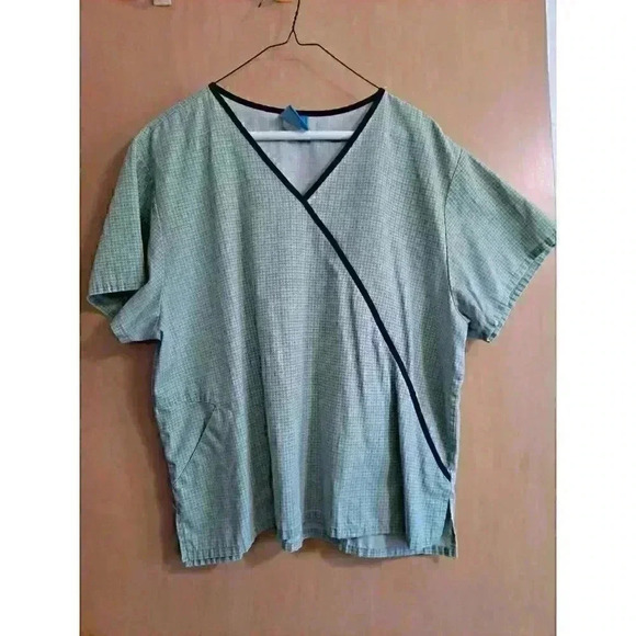 Womens nurses uniform HQ‎ medical Scrub Top L Large navy green check - Picture 2 of 4